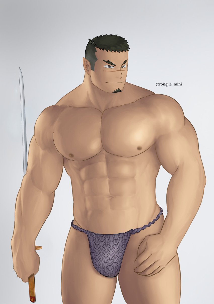 1boy abs arms bara bulge japanese_clothes male_only muscular_male pecs rongjie_mini smooth_skinned_male solo_male thighs