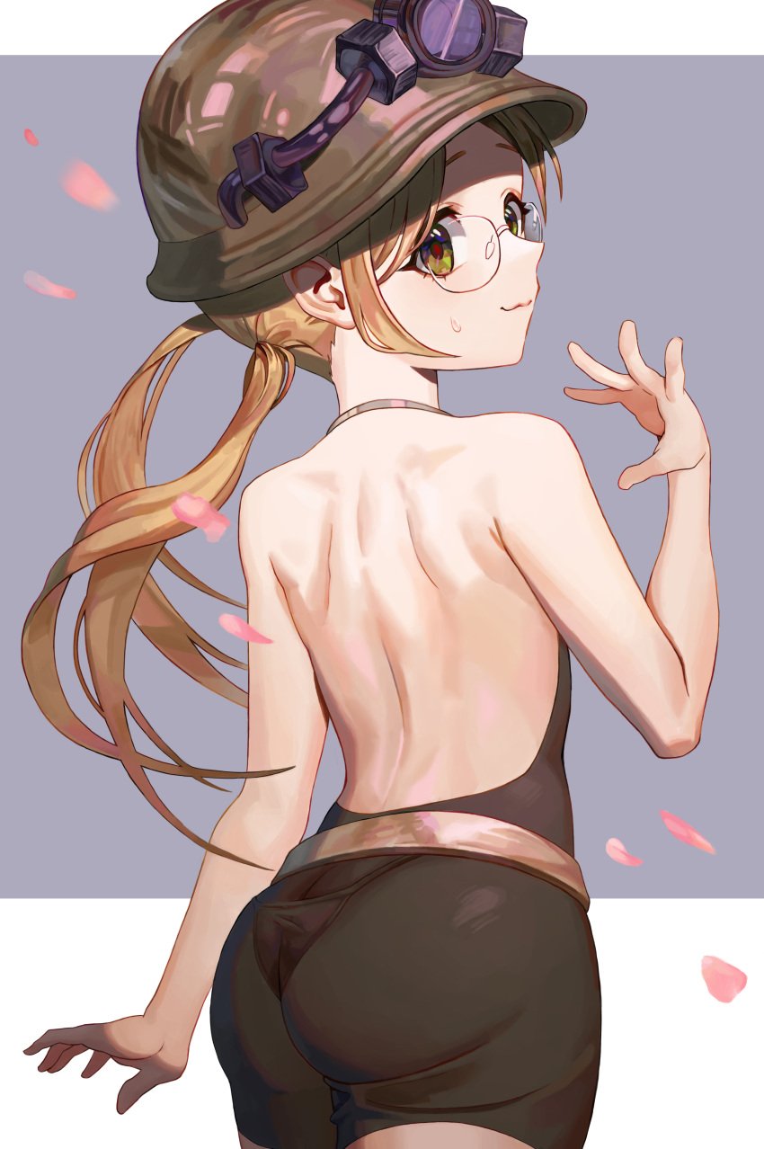 :3 ass blonde_hair blue_goose bodysuit bubble_butt female female_only glasses green_eyes hard_hat hat headgear headwear helmet leotard long_hair looking_at_viewer looking_back made_in_abyss pantyhose pantylines riko_(made_in_abyss) skin_tight solo sweatdrop thong tight_clothing twintails