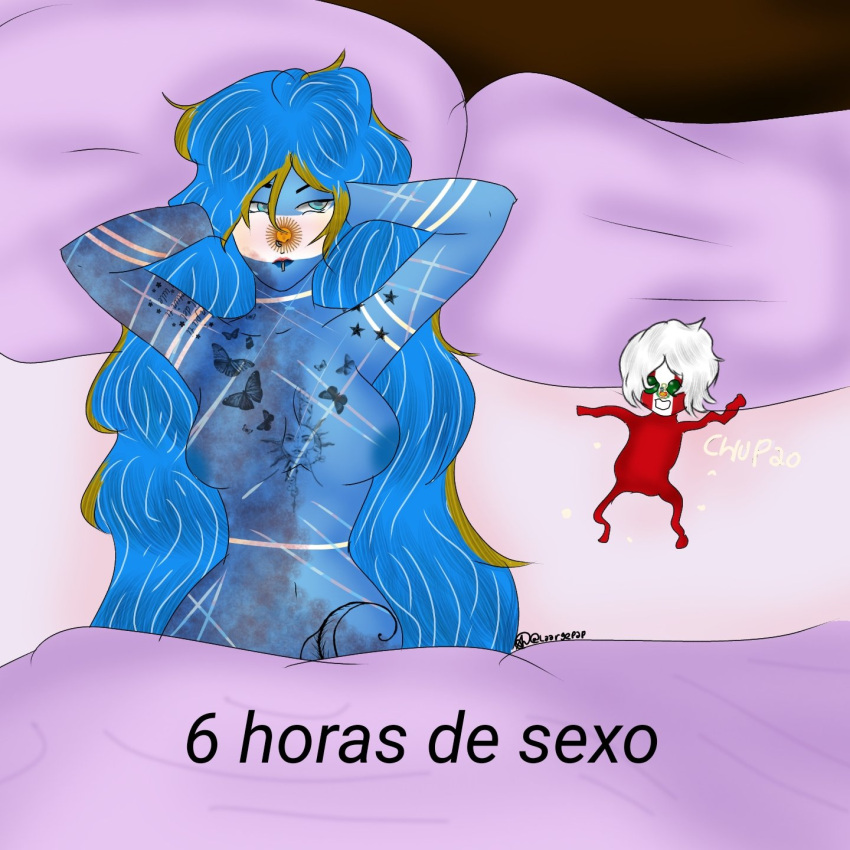 1boy 1girls 6_hours_of_sex argentina_(countryhumans) bed big_breasts countryhumans countryhumans_girl female long_hair male meme peru_(countryhumans) spanish_text tattoo text