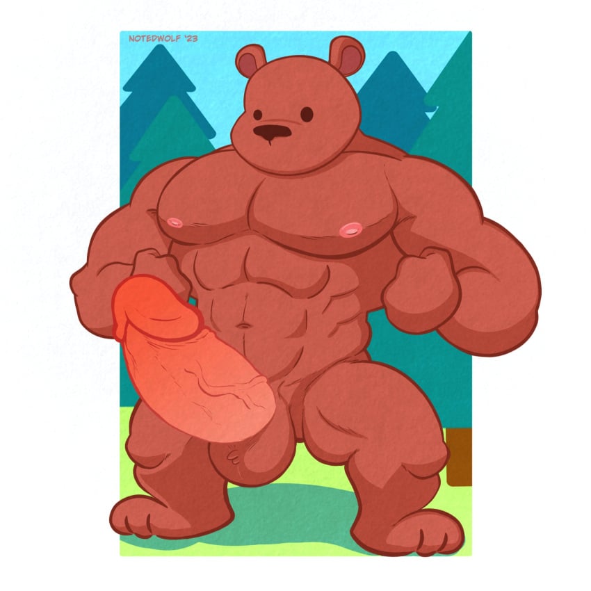 2023 abs anthro bear bent_legs big_penis digital_drawing_(artwork) digital_media_(artwork) erection flexing flexing_both_biceps flexing_muscles forest forest_background genitals hands_clenched hi_res huge_cock hyper hyper_genitalia hyper_penis male male_only mammal muscular muscular_male nature nature_background nipples notedwolf owo penis pinup plant pose pubes shaded simple_background simple_coloring simple_face simple_shading solo spread_legs spreading textured tree ursine uwu vein veiny_penis