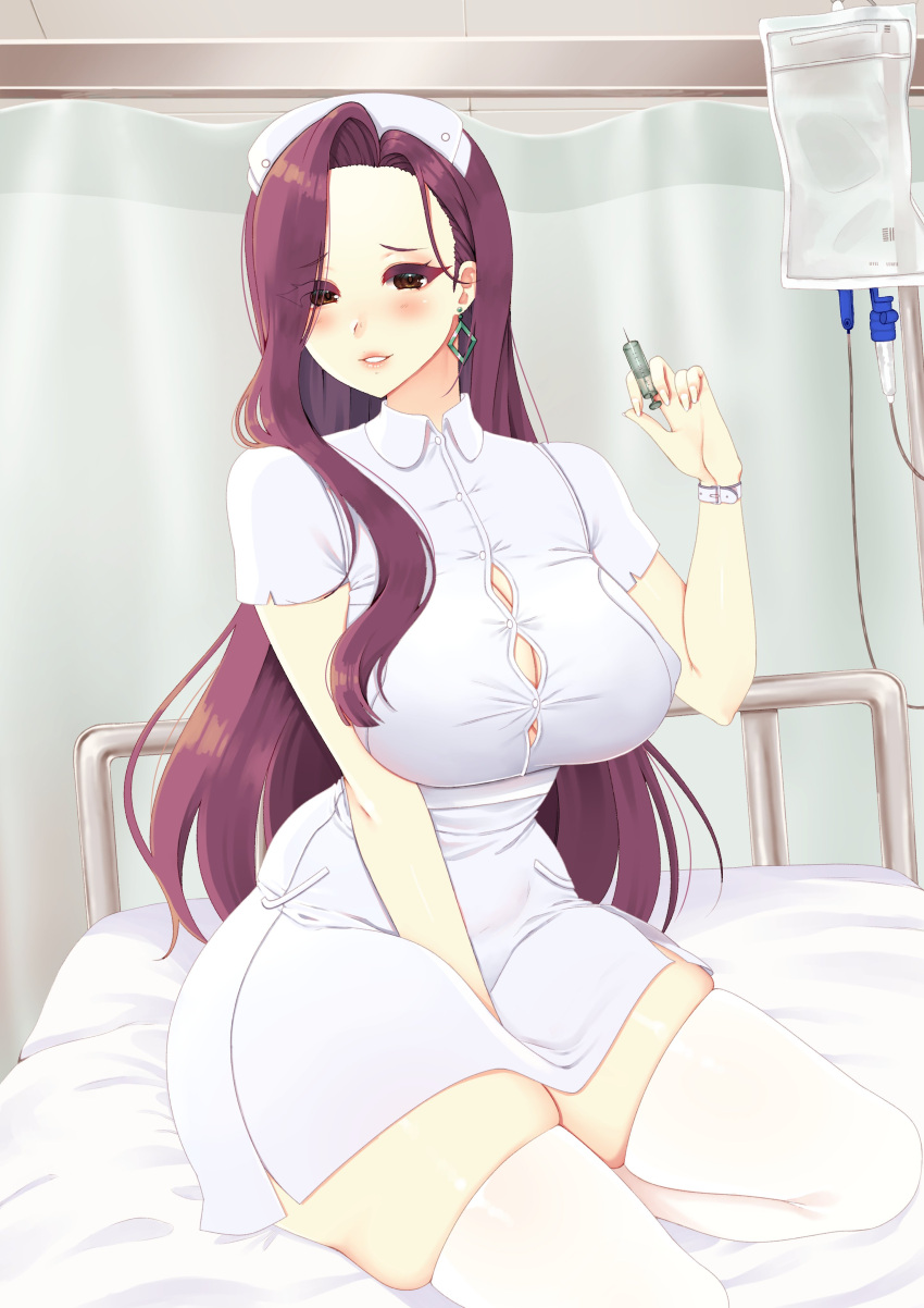 1girls alternate_costume bare_thighs bed breasts brown_eyes cleavage cryptid_crab earrings female female_only fire_emblem fire_emblem_echoes:_shadows_of_valentia indoors large_breasts long_hair looking_at_viewer nintendo nurse on_bed one_knee purple_hair skindentation smile solo sonya_(fire_emblem) syringe thick_thighs thighhighs thighs