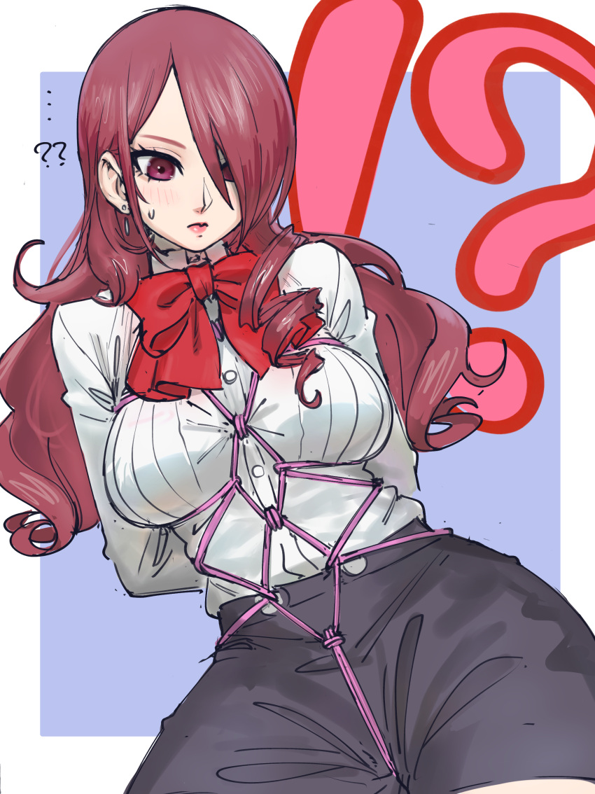 !? /// 1girls ?? atlus big_breasts black_skirt blush bondage bow breasts female female_focus female_only hips legs long_hair megami_tensei mitsuru_kirijo persona persona_3 poechan red_bow red_eyes red_hair skirt solo solo_female solo_focus sweatdrop thick_hips thighs tied_up wide_hips