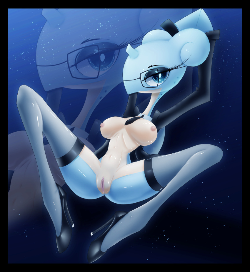 anthro ass big_breasts big_eyes biped black_border blue_body bodily_fluids border breasts clothing digital_media_(artwork) eyelashes eyewear female footwear generation_1_pokemon genitals glasses hi_res high_heels horn lapras legwear looking_at_viewer marine necktie nintendo nipples not_furry nude pokemon pokemon_(species) pussy shoes simple_background solo stockings suit thick_thighs topwear warlocke