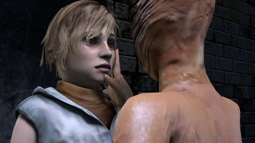 2girls 3d 3dhentaihero blonde_hair breasts clothed clothing detailed_background duo faceless_female female female/female female_creature female_only hair heather_mason human imminent_sex interspecies light-skinned_female monster monster_girl no_eyes nude nurse nurse_(silent_hill) open_mouth silent_hill silent_hill_3 silent_hill_homecoming thick_thighs vein yuri