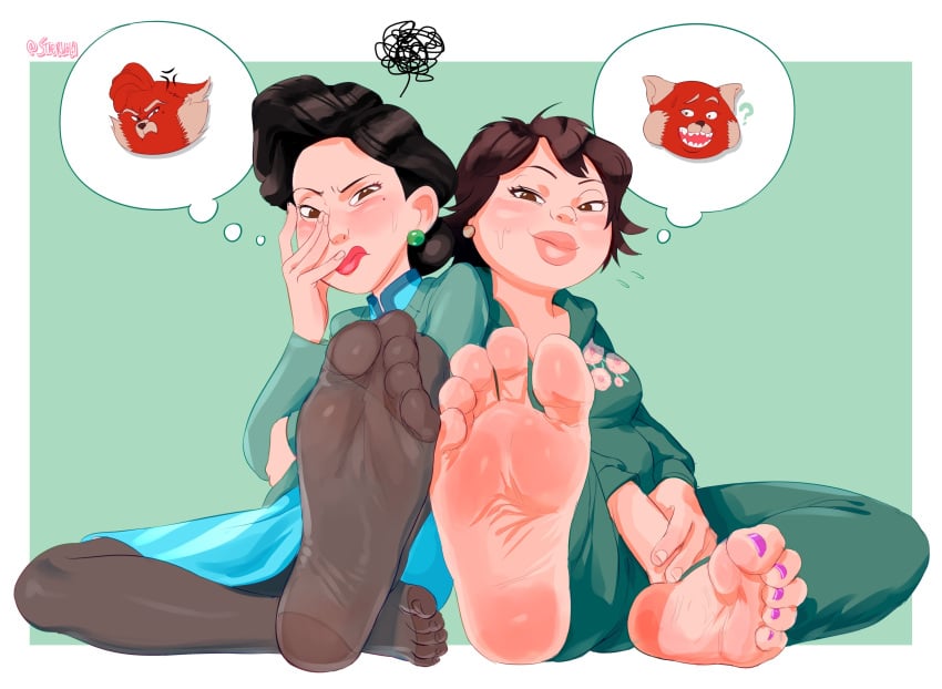 2girls asian asian_female barefoot black_hair brown_hair disney duo embarrassed feet female female_only foot_fetish foot_focus fully_clothed green_background lily_(turning_red) lily_lee mature_female milf ming_lee multiple_girls painted_toenails pantyhose pixar purple_nails purple_toenails sitting_on_ground soles staerk tagme turning_red white_background