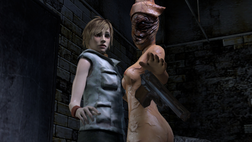 2girls 3d 3dhentaihero ass blonde_hair breasts clothed clothing detailed_background duo faceless_female female female/female female_creature female_only gun hair heather_mason human imminent_sex interspecies light-skinned_female monster monster_girl no_eyes nude nurse nurse_(silent_hill) open_mouth silent_hill silent_hill_3 silent_hill_homecoming thick_thighs vein yuri