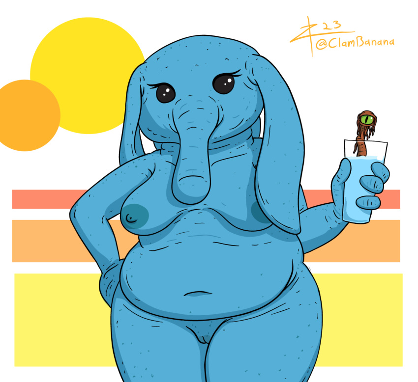 4_fingers alien beverage big_breasts black_eyes blue_body blue_milk blue_nipples blue_pussy blue_skin breasts dianoga female fingers floppy_ears genitals geometric_background hand_on_hip holding_beverage holding_object humanoid innie_pussy looking_at_viewer navel nipples nude ortolan overweight proboscis_(anatomy) pussy signature simple_background solo star_wars text thick_thighs trunk_(anatomy) zigmenthotep