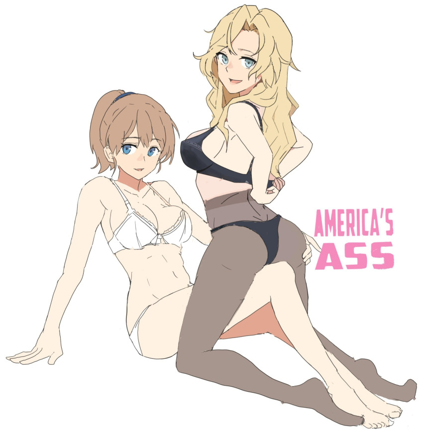 2girls black_lingerie blonde_hair blue_eyes bra brown_hair female female_only hand_on_butt lingerie looking_at_viewer original original_characters panties pantyhose undressing waniiii6974 white_lingerie yuri