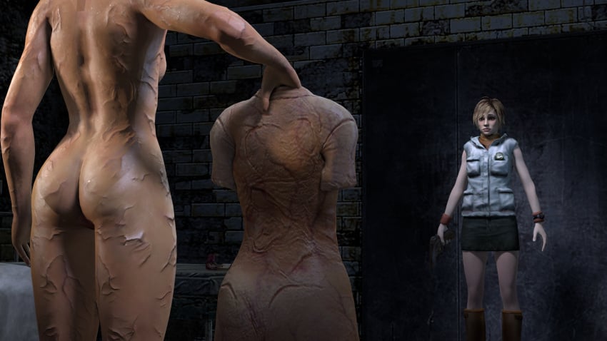 2girls 3d 3dhentaihero ass blonde_hair breasts clothed clothing detailed_background duo faceless_female female female/female female_creature female_only firearm footwear gun hair handgun heather_mason holding_weapon human imminent_sex light-skinned_female monster monster_girl no_eyes nude nurse nurse_(silent_hill) open_mouth outerwear pale_skin silent_hill silent_hill_3 silent_hill_homecoming skimpy skimpy_clothes thick_thighs undressing vein weapon wristwear