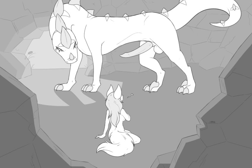 anthro anthro_on_feral big_penis breasts canid canine canis cave creature71 dragon duo female feral genitals greyscale heart male male/female mammal monochrome penis side_boob size_difference smaller_female wolf zoophilia