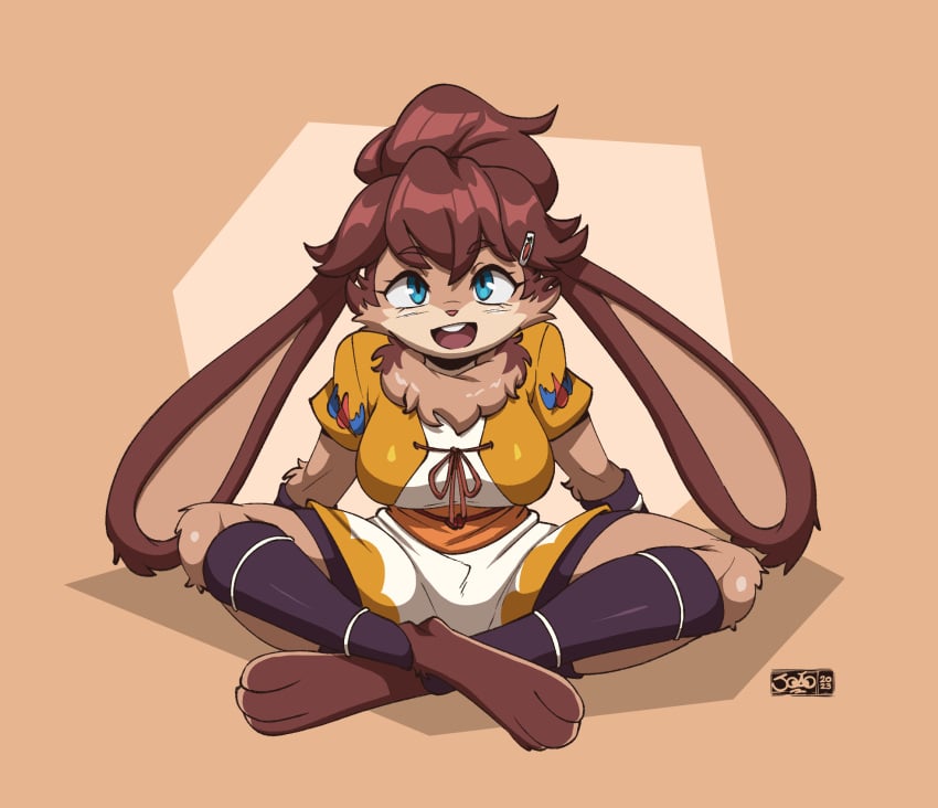 2023 3_toes accessory adorable anthro anthro_only barefoot big_breasts blue_eyes breasts brown_hair cheek_tuft crossed_legs cute cute_face facial_tuft feet female female_only hair hair_accessory hairclip hi_res joaoppereiraus lagomorph lepi lepi_(species) leporid long_ears looking_at_viewer lop_(star_wars) lop_(star_wars_visions) mammal neck_tuft open_mouth open_smile signature simple_background sitting smile solo solo_female star_wars star_wars_visions toes tuft