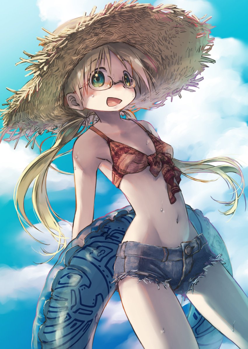 aged_up arms_behind_back beach bikini_top blonde_hair blush denim_shorts dutch_angle female female_only glasses green_eyes hat hi_res innertube jean_shorts long_hair looking_at_viewer made_in_abyss open_mouth outside pale-skinned_female pale_skin riko_(made_in_abyss) short_shorts shorts small_breasts smile solo straw_hat sun_hat sweat twintails wet_skin zattairattt