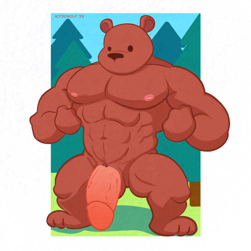 2020s 2023 abs anthro bear bent_legs big_penis digital_drawing_(artwork) digital_media_(artwork) flexing flexing_both_biceps flexing_muscles forest forest_background genitals hands_clenched hi_res huge_cock hyper hyper_genitalia hyper_penis male male_only mammal muscular muscular_male nature nature_background nipples notedwolf owo penis pinup plant pose pubes shaded simple_background simple_coloring simple_face simple_shading solo spread_legs spreading textured tree ursine uwu vein veiny_penis