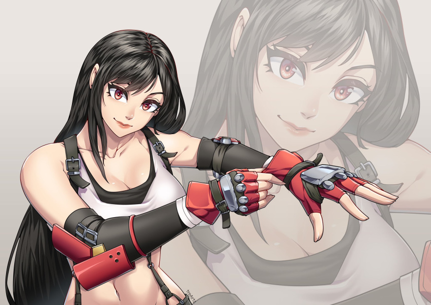 big_breasts black_hair breasts female final_fantasy final_fantasy_vii fingerless_gloves gloves light-skinned_female light_skin long_hair midriff red_hair smile smiling smooth_skin solo solo_female thotlerrr tifa_lockhart treartz voluptuous voluptuous_female