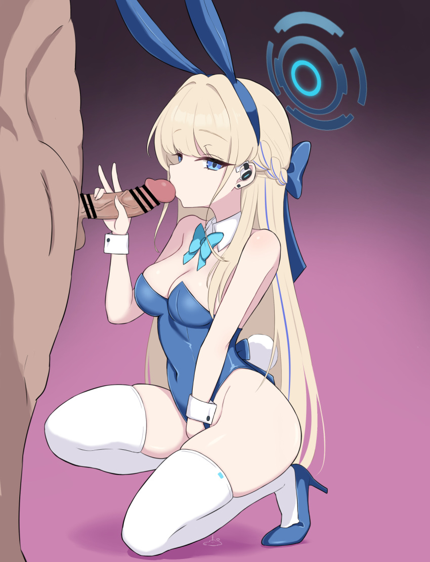 1boy animal_ears bar_censor bare_shoulders blonde_hair blue_archive blue_bow blue_eyes blue_hairband blue_leotard bow bowtie braid breasts censored clothed_female_nude_male detached_collar earpiece fake_animal_ears faruko fellatio female full_body hairband halo high_heels highleg highleg_leotard highres kissing_penis leotard long_hair nude official_alternate_costume official_alternate_hairstyle oral penis playboy_bunny pussy_juice pussy_juice_drip_through_clothes pussy_juice_puddle rabbit_ears squatting straight testicles textless_version thighhighs thighs toki_(blue_archive) toki_(bunny)_(blue_archive) v very_long_hair white_thighhighs wrist_cuffs