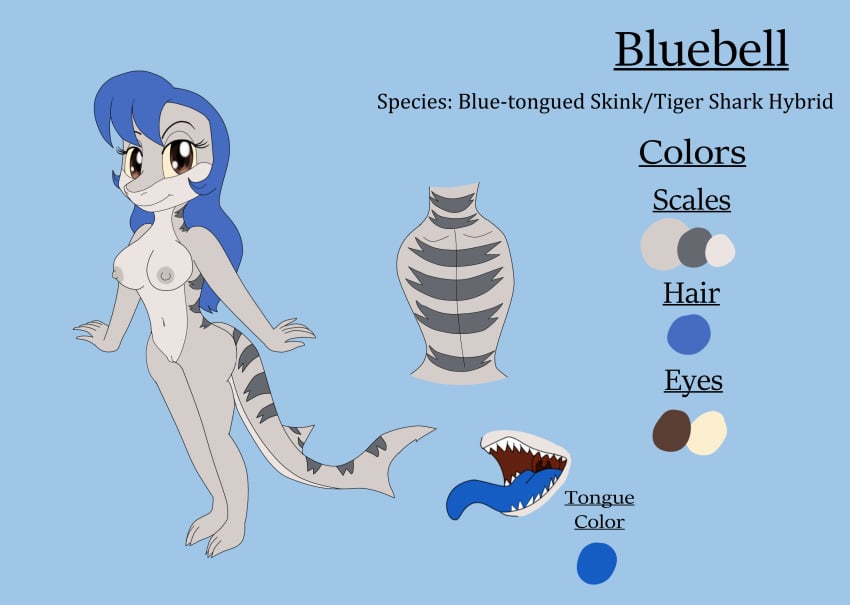 3_toes 5_fingers anthro bare_breasts blue-tongued_skink blue_hair blue_tongue bluebell_(kendraeevee) breasts brown_eyes curvy_figure fan_character feet female fingers fish genitals hair hi_res hybrid kendraeevee kendratheshinyeevee lizard marine markings model_sheet nude pussy reptile scalie shark sharp_teeth skink solo striped_markings stripes teeth toes tongue yellow_sclera