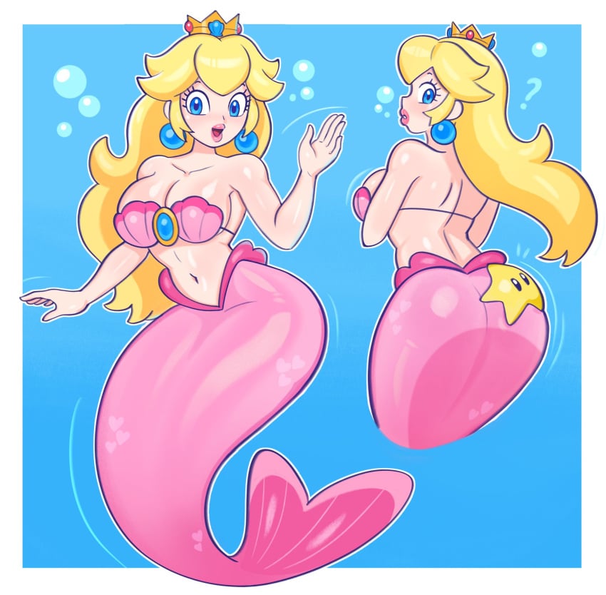 1girls ass blonde_hair blue_eyes breasts female female_only luma_draws mario_(series) mermaid mermaid_ass mermaid_girl mermaid_tail mermaid_transformation nintendo pink_tail princess_peach seashell_bra solo split_form super_mario_bros. swimming tagme underwater water