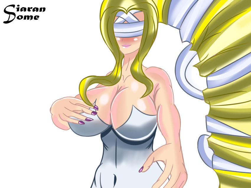 bandage big_breasts blonde_hair busty ciaran_dome digimon digimon_(species) female female_only holding_breast human nail_polish olympos_xii pale_skin solo venusmon