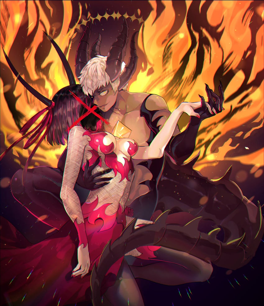 2demons big_breasts black_hair breasts demon demon_boy demon_girl demon_horns demon_wings dress female fire horns i'm_the_grim_reaper light-skinned_female light_skin male no_sex red_dress red_eyes red_hair satan satan_(i'm_the_grim_reaper) scarlet_(i'm_the_grim_reaper) short_hair webcomic webcomic_character webtoon white_hair yellow_eyes