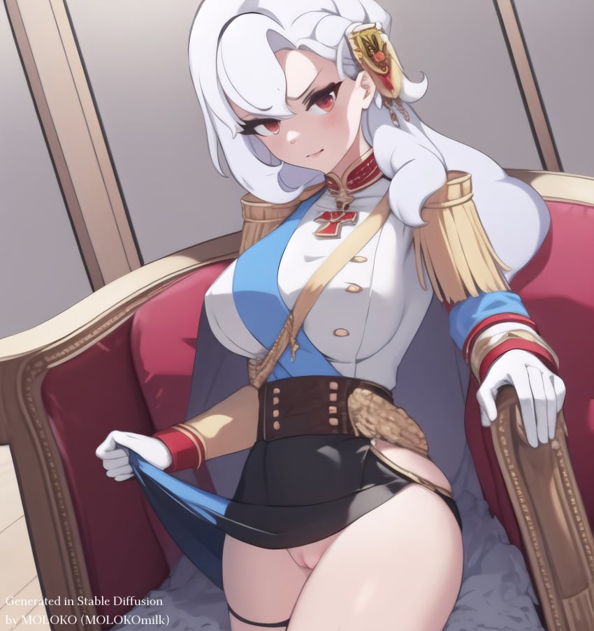 ai_generated alpha_1918 eastern_european exposed_pussy lift_skirt looking_at_viewer military_uniform national_personification russia russian russian_empire slavic white_hair