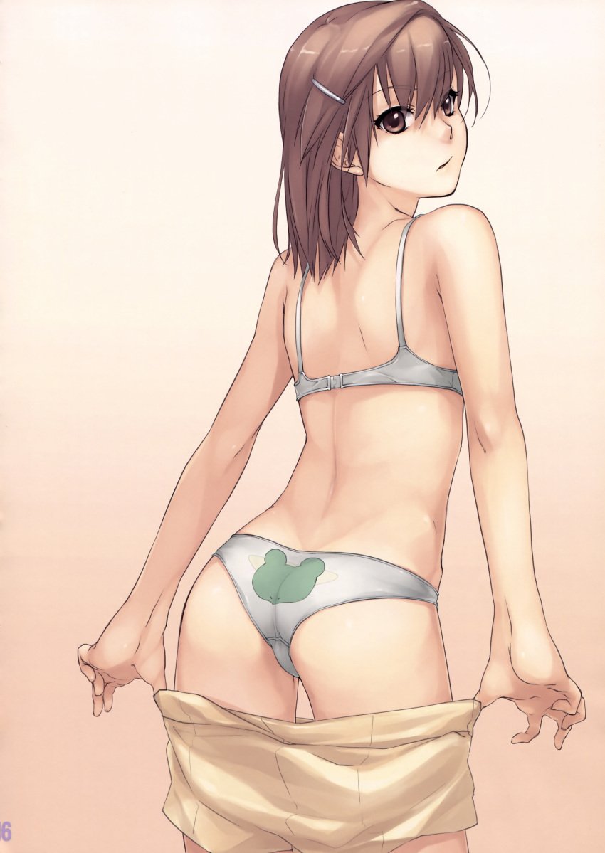 00s 1girls 2009 animal_print ass back bare_back bare_shoulders bra brown_eyes brown_hair clothes_pull female frog_print from_behind gekota gekota_panties hair_ornament hairclip hi_res lingerie looking_back matching_hair/eyes misaka_mikoto panties print_panties pua pulled_by_self scan short_hair shorts shorts_pull shoulder_blades solo standing teenage_girl teenager to_aru_kagaku_no_railgun to_aru_majutsu_no_index underwear underwear_only undressing white_bra white_panties young