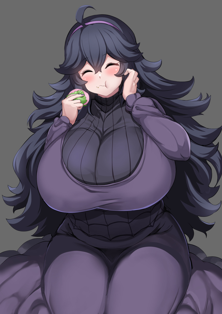 1girls blush breasts chubby dress eating embarrassed female food game_freak hex_maniac hips holding_object huge_breasts light-skinned_female light_skin long_hair maki_ikazuya massive_breasts nail_polish nintendo pokemon pokemon_xy purple_hair thick_thighs thighs tight_clothing wide_hips