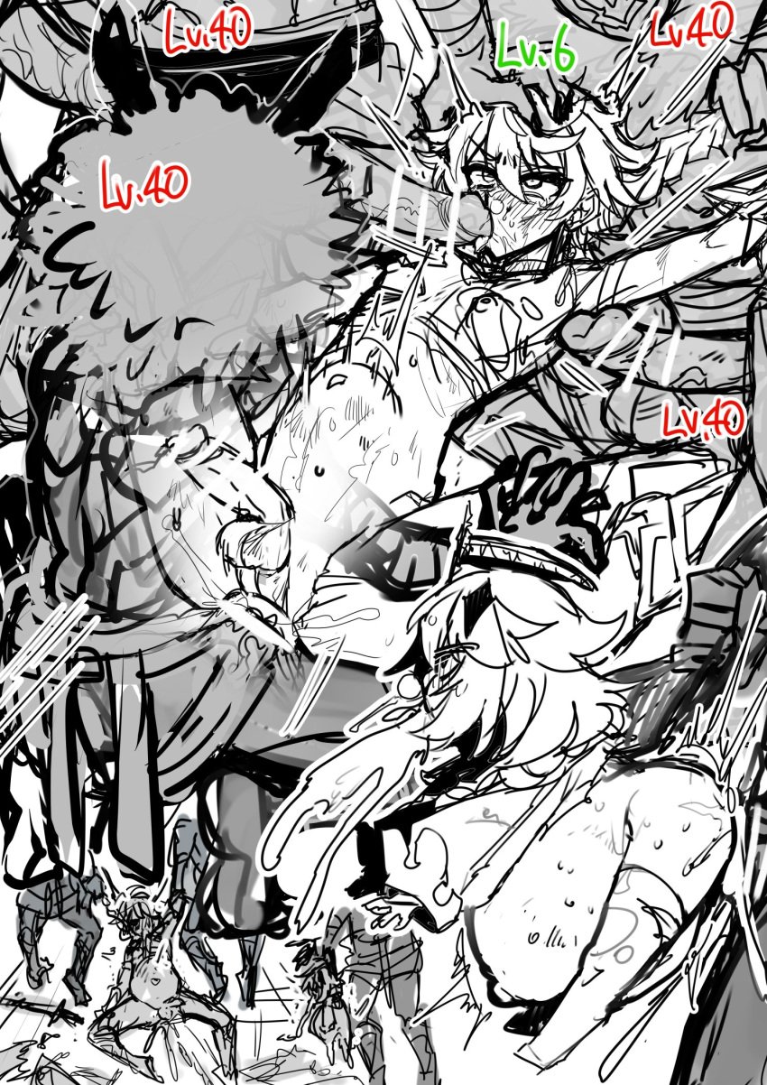 aether_(genshin_impact) ass_out big_penis defeated forced gangbang gangrape genshin_impact haoro hilichurls_(species) japanese_text level_difference male male_focus male_only monsters paimon_(genshin_impact) rape sketch sketch_page