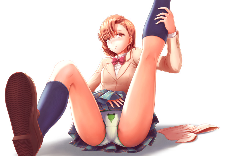 1girls 2020s 2021 ass bare_legs black_kneehighs black_kneesocks black_socks blush brown_eyes brown_hair brown_loafers childish_panties female fugaz-san_(pandopanda) full_body gekota gekota_panties hair_flower hair_ornament hi_res knee_socks kneehighs kneesocks leg_lift leg_up legs_apart loafers looking_at_viewer matching_hair/eyes miniskirt misaka_mikoto panties pantyshot school_uniform schoolgirl short_hair shorts shorts_removed sitting skirt small_breasts socks solo spread_legs teenage_girl teenager to_aru_kagaku_no_railgun to_aru_majutsu_no_index tokiwadai_school_uniform underwear upskirt white_background white_panties young