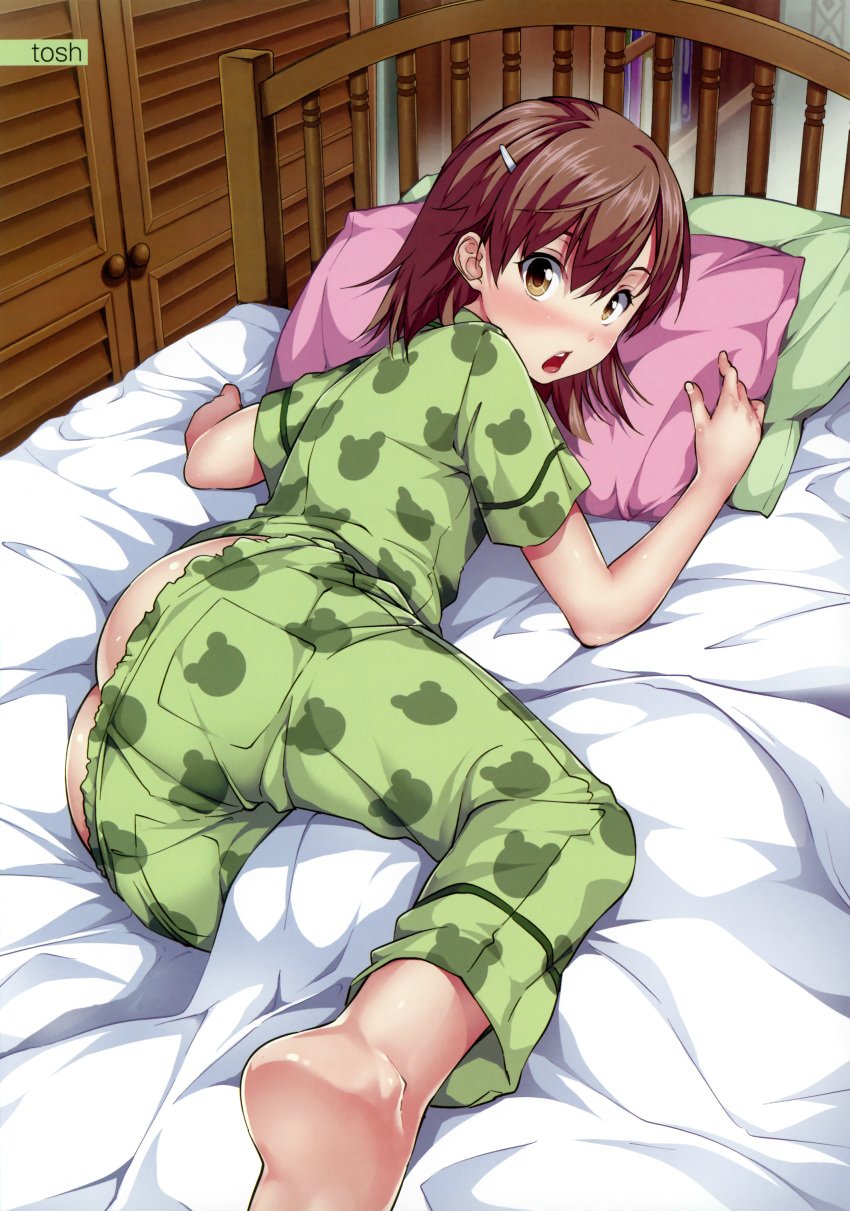 10s 1girls 2011 :o animal_print artist_name ass barefoot bed bedroom blush brown_eyes brown_hair face feet female foreshortening frog_print gekota gekota_pajamas green_pajamas hair_ornament hairclip hi_res indoors looking_back lying matching_hair/eyes misaka_mikoto on_bed on_side open_mouth pajamas pajamas_pull pantylines pillow print_pajamas scan short_hair solo teenage_girl teenager to_aru_kagaku_no_railgun to_aru_majutsu_no_index tosh_(imonade_ryouchou) young