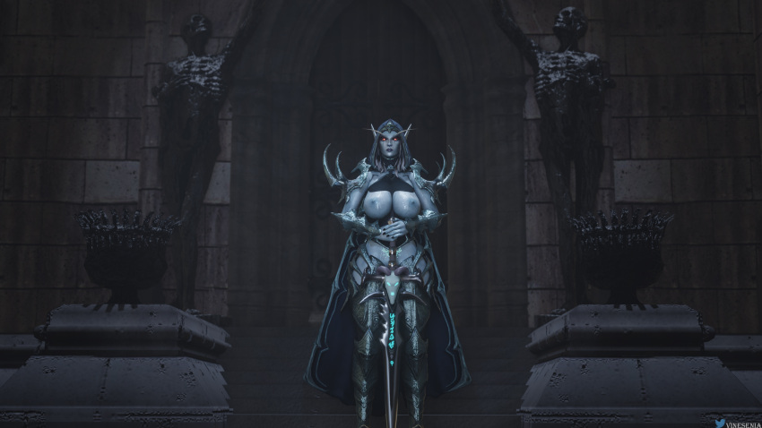 1girls armor big_breasts breasts breasts_out breasts_outside exposed_breasts female female_only holding_weapon maw_rune mawsworn sylvanas_windrunner sylvane thick_thighs vinesenia weapon world_of_warcraft