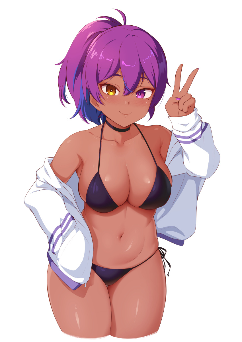 1girls almost_naked belly belly_button big_breasts bikini bikini_bottom bikini_top black_bikini black_swimsuit breasts choker clothed dark-skinned_female heterochromia high_resolution hispanic_virtual_youtuber hoodie indie_virtual_youtuber latam_virtual_youtuber light_purple_hair looking_at_viewer open_hoodie peace_sign ponytail purple_eyes purple_hair simple_background swimsuit thick_thighs thighs two_tone_hair unsfrau virtual_youtuber vtuber yellow_eyes yokomara_yuziko