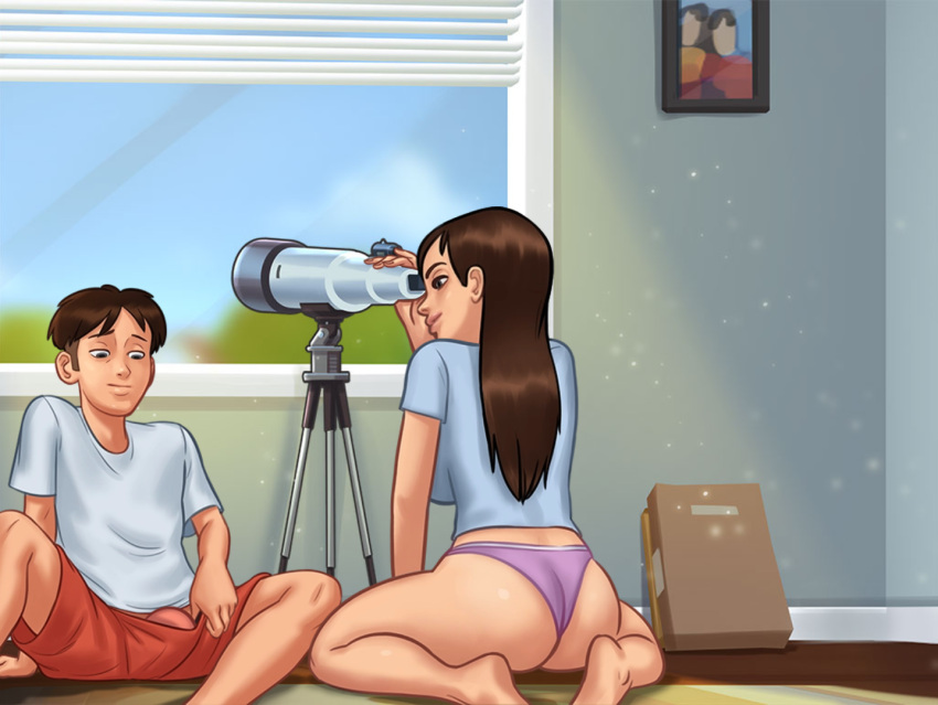 1boy 1girls 2d ass bedroom big_ass black_border bottomwear brown_hair bulge bulge_through_clothing caught caught_in_4k clothed clothing curvy curvy_body curvy_female curvy_figure darkcookie detailed_background digital_drawing_(artwork) digital_media_(artwork) duo duo_focus female female_focus jenny_(summertime_saga) light-skinned_female light-skinned_male light_skin long_hair looking_at_partner looking_down main_character_(summertime_saga) male male/female on_back on_floor on_knees open_eyes open_mouth panties pants penis penis_out pulling_pants_down room shirt shorts sitting smile smiling summertime_saga tank_top telescope thick_ass thick_thighs topwear underwear walking_in_on window