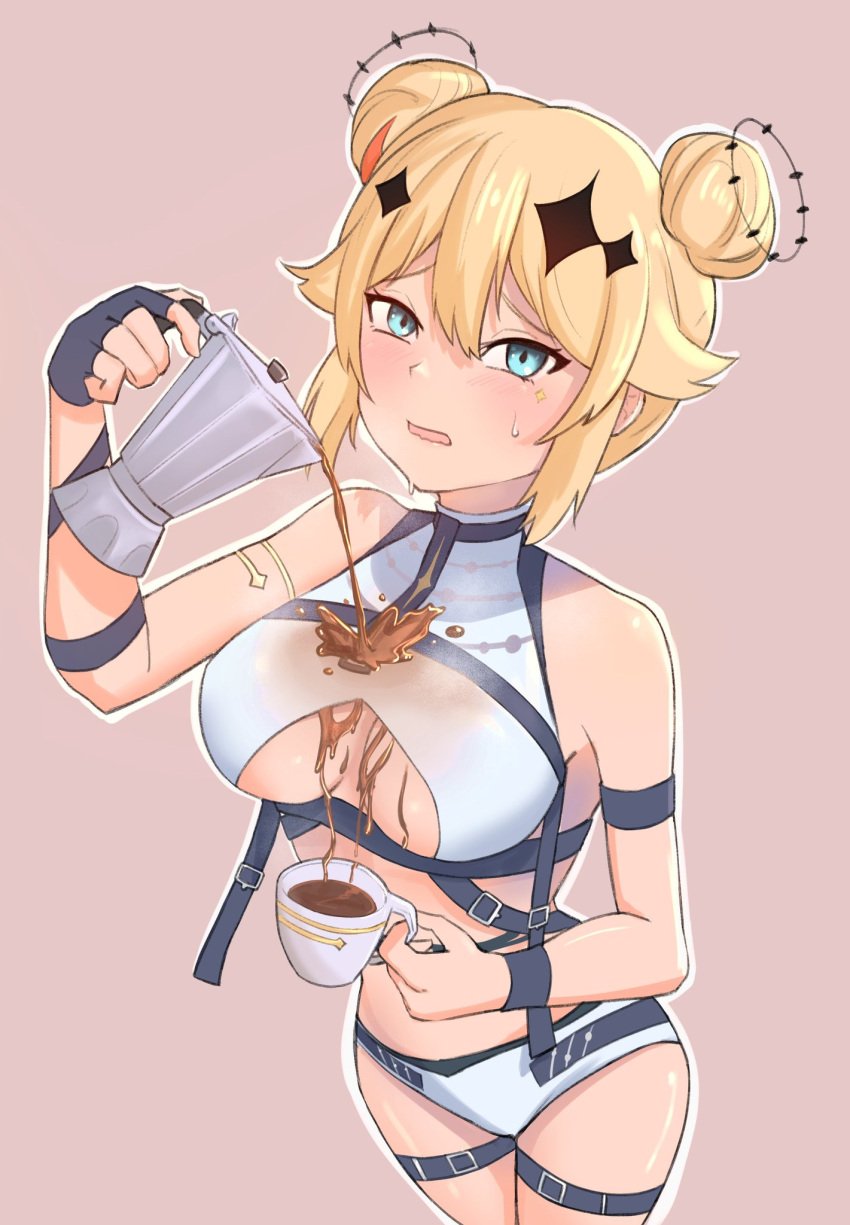 1girls blonde_hair blue_eyes boob_window clothed clothing coffee coffee_cup coffee_maker_(object) cup degenren double_bun female female_only kaneko_lumi light-skinned_female light_skin phase_connect phase_invaders pouring pouring_coffee pouring_on_self solo textless virtual_youtuber