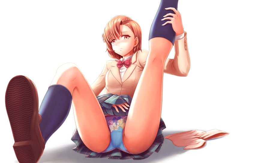 1girls 2020s 2021 ass bare_legs black_kneehighs black_kneesocks black_socks blue_panties blush brown_eyes brown_hair brown_loafers childish_panties female fugaz-san_(pandopanda) full_body gekota_panties hair_flower hair_ornament hi_res knee_socks kneehighs kneesocks leg_lift leg_up legs_apart loafers looking_at_viewer matching_hair/eyes miniskirt misaka_mikoto panties pantyshot pink_panties school_uniform schoolgirl short_hair shorts shorts_removed sitting skirt small_breasts socks solo spread_legs teenage_girl teenager to_aru_kagaku_no_railgun to_aru_majutsu_no_index tokiwadai_school_uniform underwear upskirt white_background young