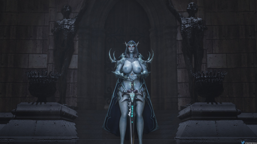 1girls armor big_breasts breasts breasts_out breasts_outside exposed_breasts female female_only holding_weapon maw_rune mawsworn sylvanas_windrunner sylvane thick_thighs vinesenia weapon world_of_warcraft