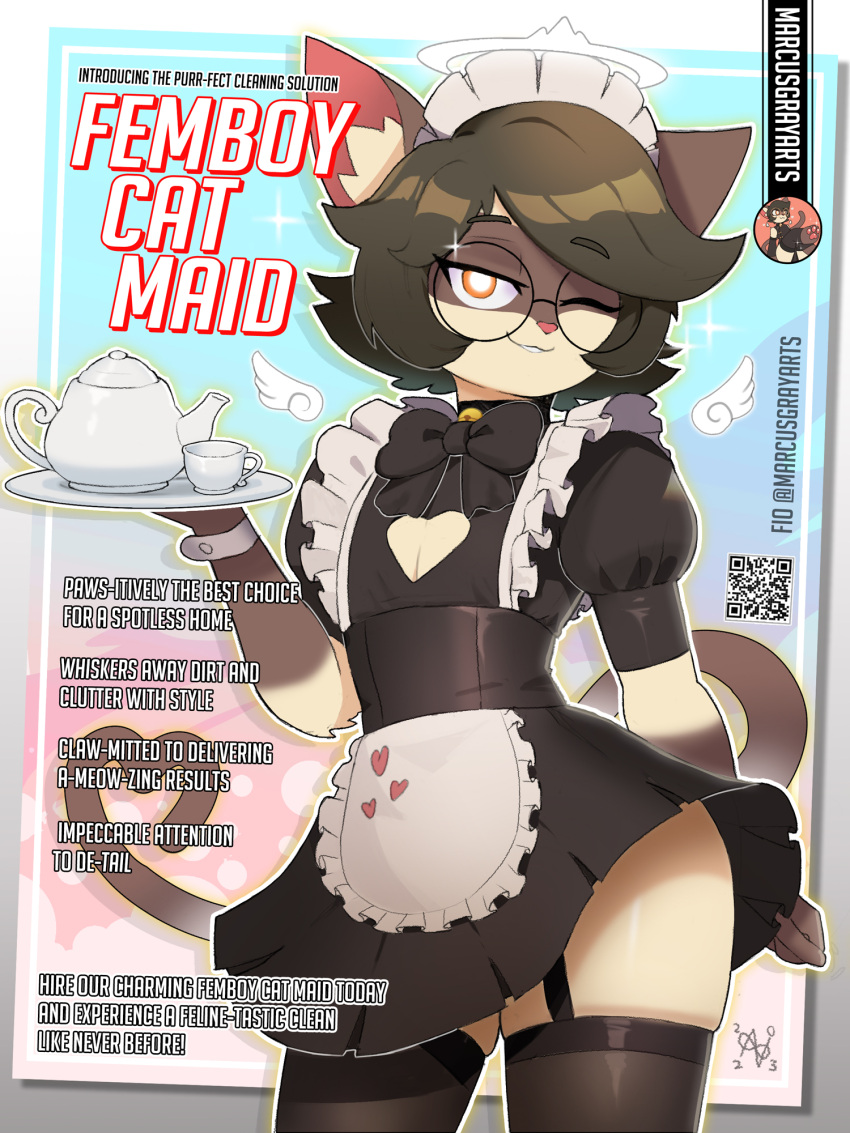 00niine 1boy anthro black_hair choker cup domestic_cat felid feline femboy fio_(marcus_gray) fur furry girly glasses hair inner_ear_fluff looking_at_viewer maid maid_outfit maid_uniform male mammal marcus_gray narrowed_eyes qr_code rickroll seductive siamese siamese_cat solo stockings text thighhighs white_body white_fur wink winking_at_viewer