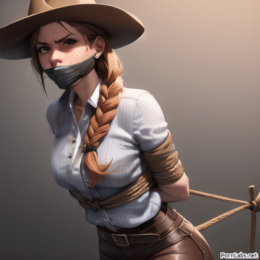 1girls ai_generated angry arms_behind_back blonde_hair bondage bound cowgirl domination femsub gag gagged over_the_mouth_gag ranch_girl red_dead_redemption_(series) red_dead_redemption_2 restrained sadie_adler