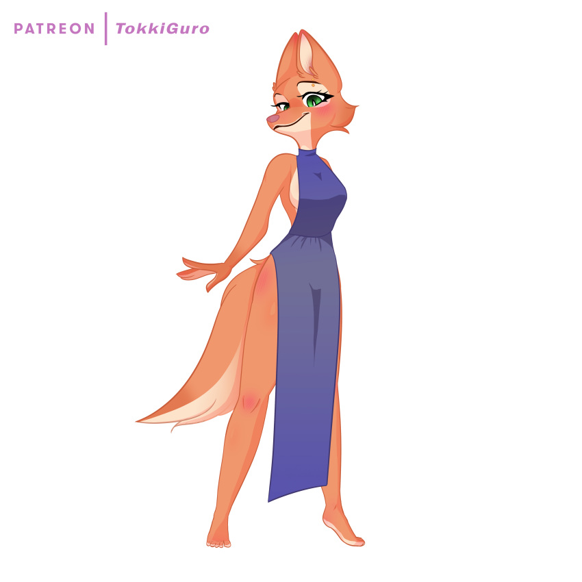 1girls anthro barefoot clothed diane_foxington dress female fluffy_tail fox furry furryafoxy green_eyes orange_fur purple_dress solo solo_female standing tail the_bad_guys tokkiguro white_background