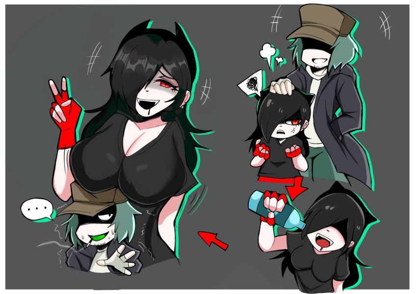 2021 annie_(atsuover) arrow beni_imo beni_imo_(beniimo45450721) black_shirt boob_window brown_hat fangs female friday_night_funkin garcello_(atsuover) gloves green_tongue horns huge_breasts old_art overcoat red_eyes red_gloves tagme water_bottle white_shirt