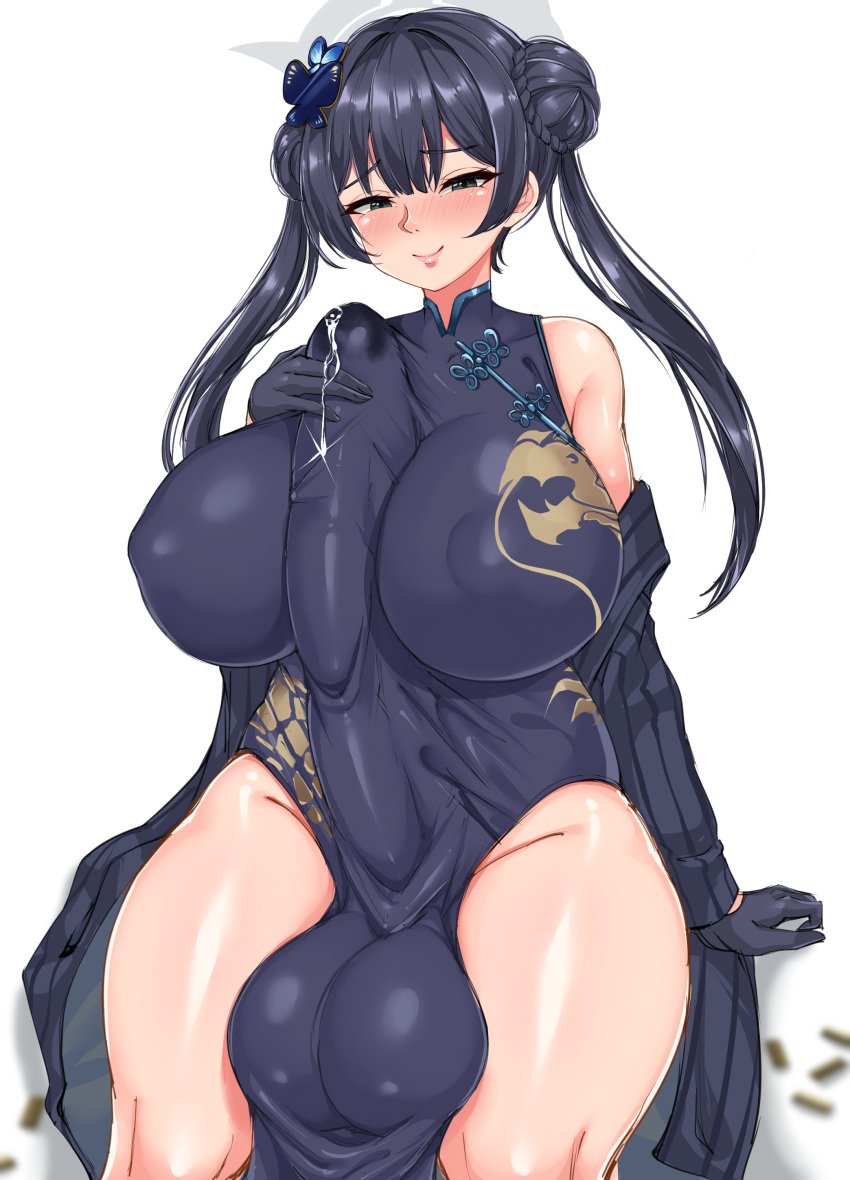 1futa alternate_breast_size autopaizuri autopaizuri_under_clothes balls big_breasts black_hair blue_archive breasts casual_autopaizuri china_dress clothed clothing elbow_gloves erection erection_under_clothes fully_clothed futa_only futanari glistening_precum gloves horny huge_balls huge_breasts huge_cock human hyper_penis kisaki_(blue_archive) large_breasts light-skinned_futanari light_skin long_hair paizuri penis pondbs precum_through_clothing shanhaijing_secondary_school_student smooth_balls solo standing titjob twintails