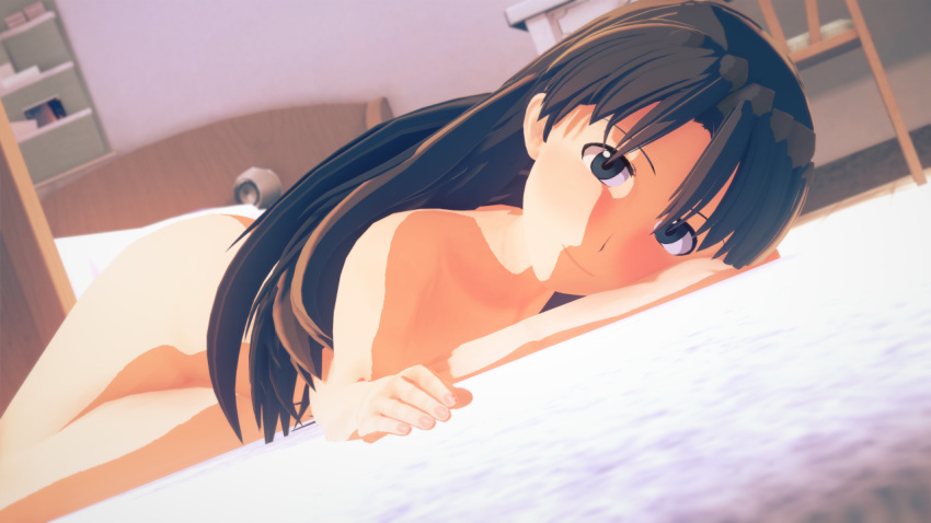 1girls 3d azumanga_daiou bedroom blush brown_hair female female_only grey_eyes human indoors koikatsu koyomi_mizuhara light-skinned_female long_hair looking_at_viewer lying_on_bed lying_on_side no_genitals nude nude_female on_bed pose posing seductive smile smiling_at_viewer solo_female tagme