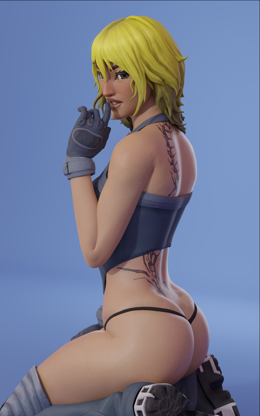 1girls 3d ass blonde_hair brown_eyes crop_top dat_ass emberstock female female_only fortnite gloves hana_(fortnite) looking_at_viewer on_knees skindentation smile solo tattoo thong tramp_stamp yellow_hair