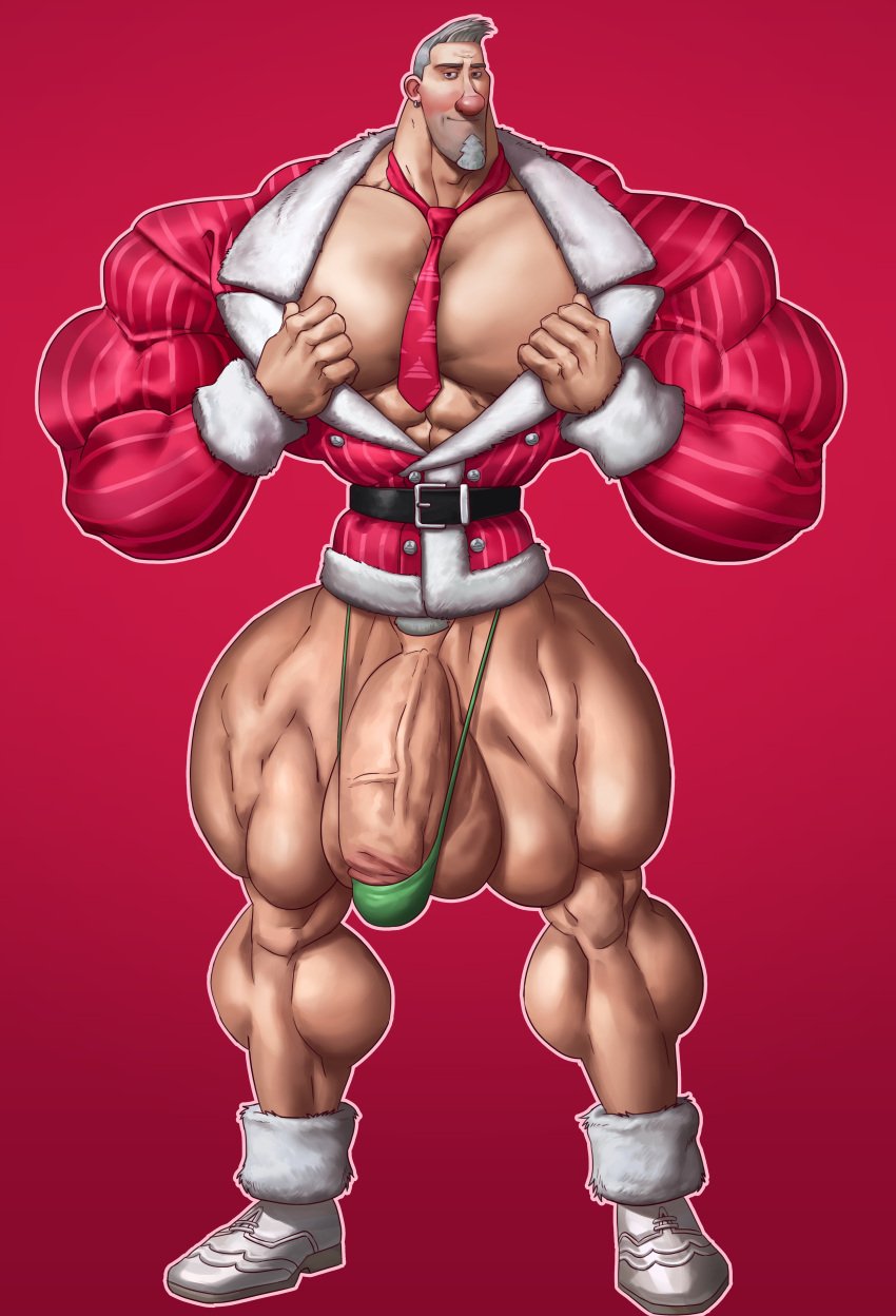 arthur_christmas balls bara big_balls big_muscles big_penis facial_hair flaccid g-string human jacket male male_only muscles muscular necktie open_clothes penis remert solo solo_male steve_claus white_hair