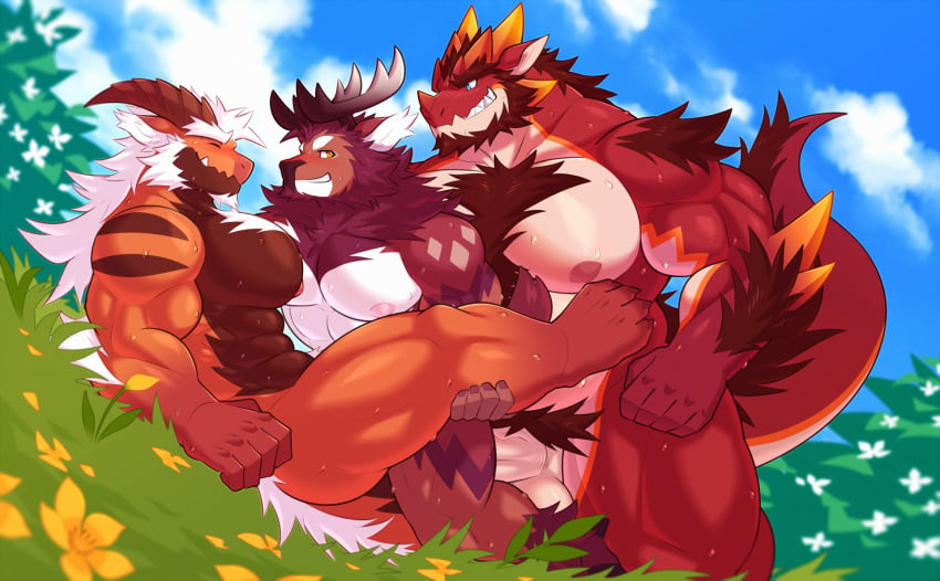 anal_sex brown_body deer dragon father_and_son furry furry_only gay grass horns kulplant male/male male_only muscular muscular_anthro muscular_male nipples orange_body orgy red_body tail threesome white_hair