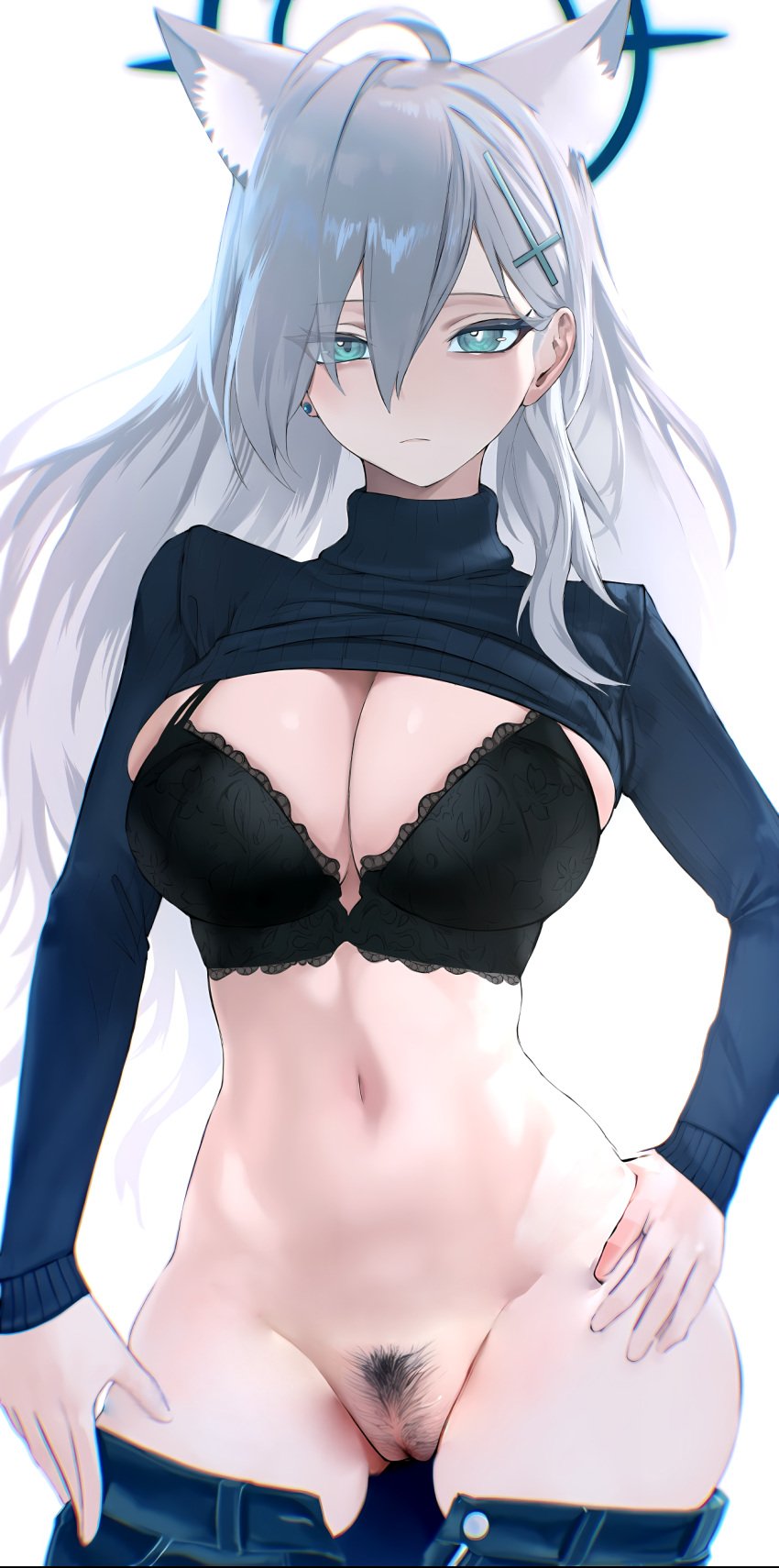 1girls abydos_high_school_student big_breasts big_thighs blue_archive blue_eyes bra breasts female female_focus female_only grey_hair heterochromatic_pupils huge_breasts huge_thighs kazane-wind long_hair looking_at_viewer pubic_hair pussy shiroko_(blue_archive) shiroko_(terror)_(blue_archive) solo solo_female solo_focus thick_ass thick_thighs white_hair white_pupil wolf_ears wolf_girl