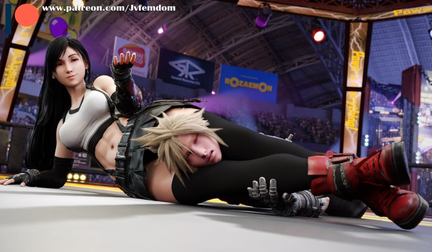 3d 3d_(artwork) abs absurdres arrogant asphyxiation beaten black_hair blender blonde_hair boot_fetish boots calves choke_hold choking cloud_strife confident crush crushing dominant dominant_female domination dominatrix female_domination femdom fight fighting fighting_pose fighting_ring fighting_stance final_fantasy final_fantasy_vii final_fantasy_vii_remake head_between_legs head_between_thighs headscissor headscissors helpless highres humiliation jvfemdom leg_lock leglock legs long_hair midriff miniskirt mixed_wrestling muscular muscular_calves muscular_female muscular_legs muscular_thighs red_face scissorhold skirt smug smug_face spiked_hair squeezing stockings submission thick_ass thick_thighs thigh_socks thighhighs thighs tifa_lockhart trample trampling wrestling