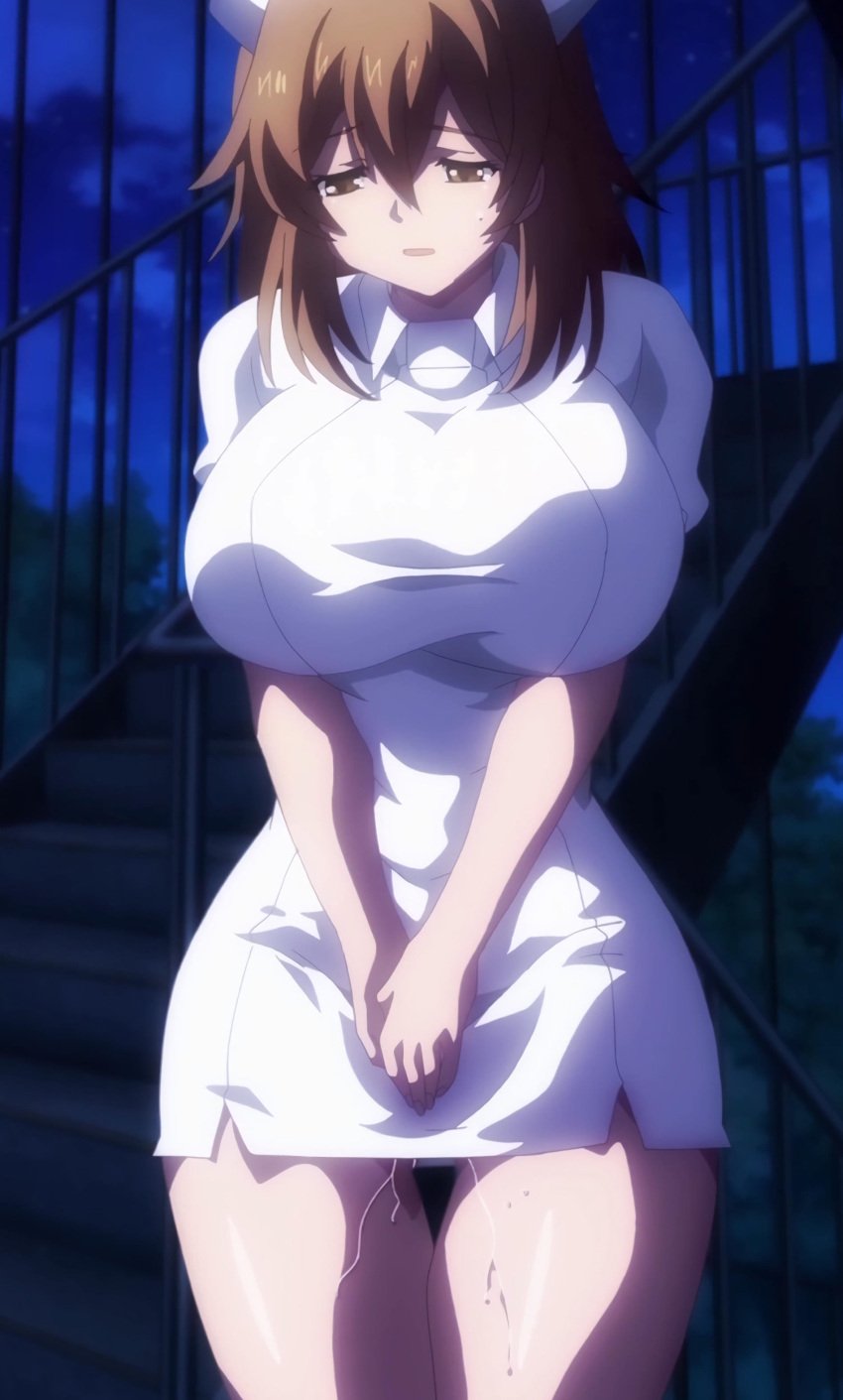 breasts brown_eyes brown_hair hips large_breasts mochizuki_(sakusei_byoutou_the_animation) nurse pink_pineapple sakusei_byoutou_the_animation screencap screenshot seven_(animation_studio) stitched thick_thighs thighs vaginal_juices wide_hips