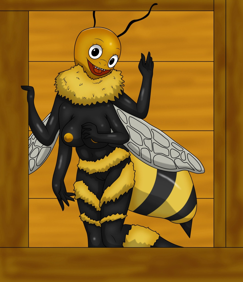 2023 anthro arthropod bee black_body creepy creepy_smile cursed_image female female_only furry furry_only insect looking_at_viewer magalnik self_upload smile tagme window wings yellow_body yellow_fur yellow_nipples