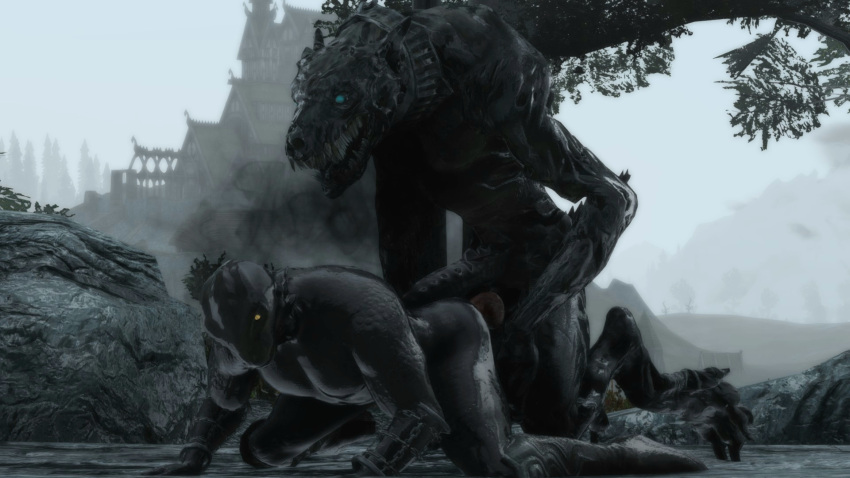 3d animal_genitalia anthro argonian bestiality big_dom_small_sub big_penis black_body canine death_hound deathhound duo fangs game gameplay gay highres huge_balls humanoid large_penis male_only male_penetrating_male muscular muscular_male outdoors outside raining scalie screenshot skyrim the_elder_scrolls video_games werecanid wet yaoi zoophilia