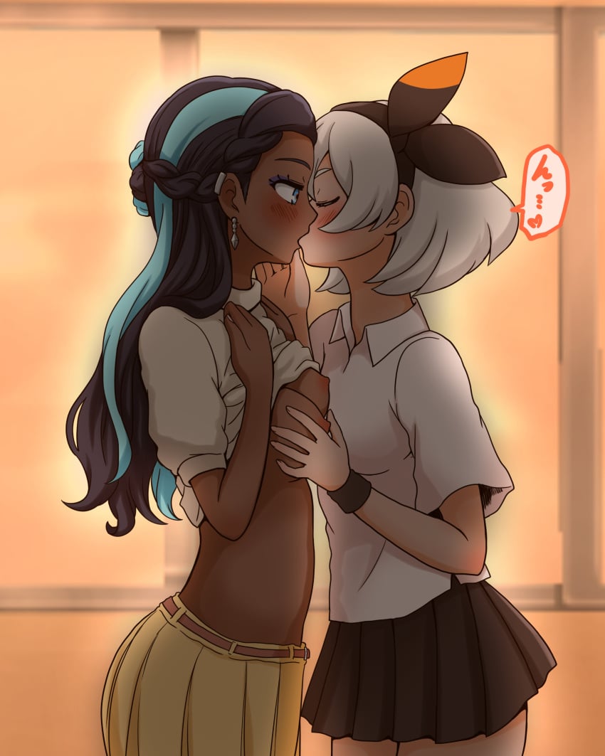 2girls bea_(pokemon) beltskirt black_hair black_skirt blue_eyes blue_highlights blue_streak breasts classroom closed_eyes ear_clip earrings eyeshadow grey_hair hair_bun hairband hand_on_breast highlights_(coloring) kissing kurosawa_karura long_hair medium_breasts multiple_girls nessa_(pokemon) nintendo nipples pokemon pokemon_ss school_uniform schoolgirl shirt shirt_lift short_hair skirt streaked_hair white_shirt wristband yellow_skirt yuri